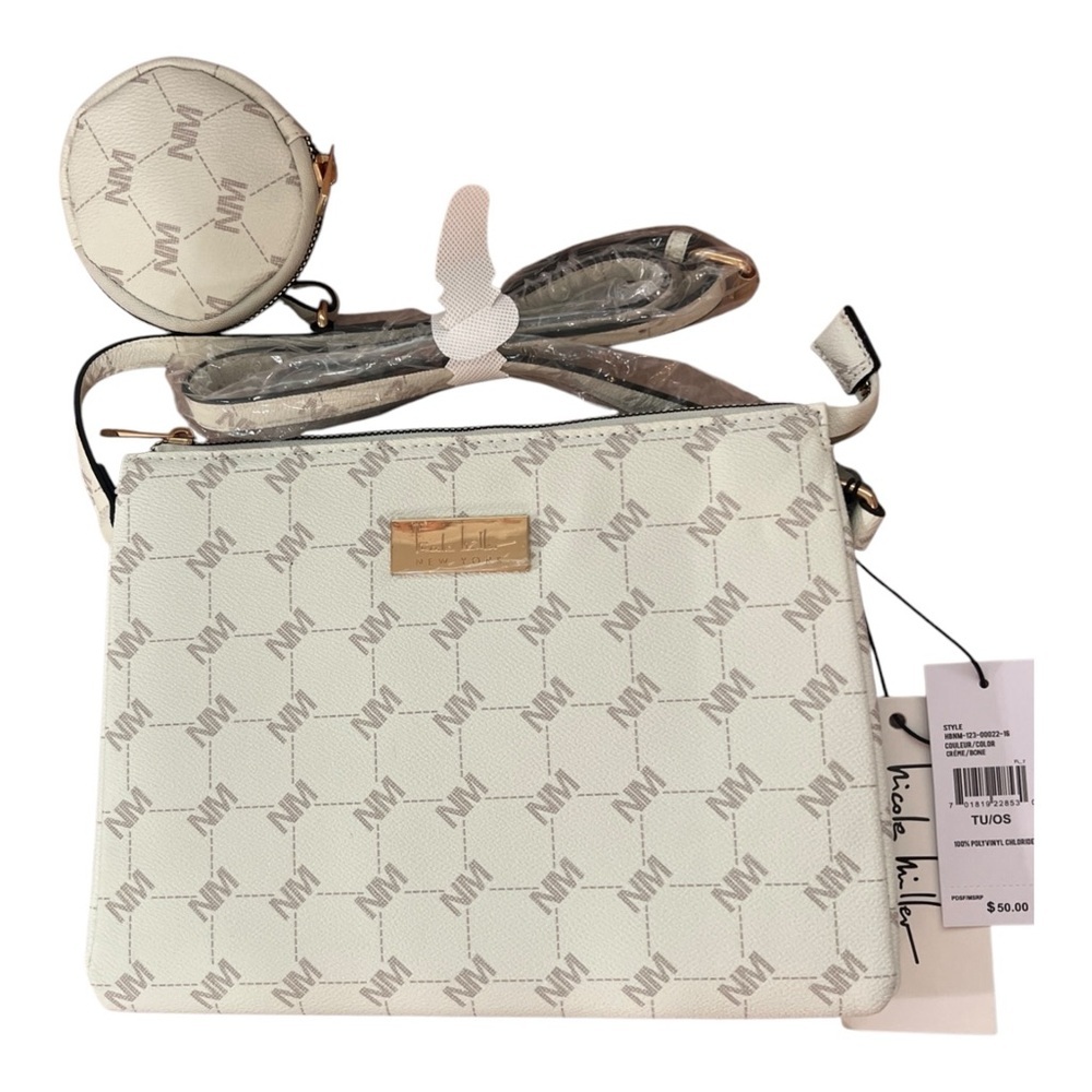 Nicole Miller White Monogram Crossbody Bag with Coin Pouch